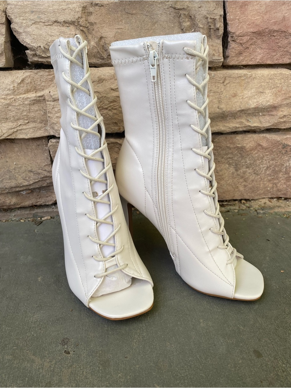 Women's White Lace-Up Peep-Toe Ankle Boots